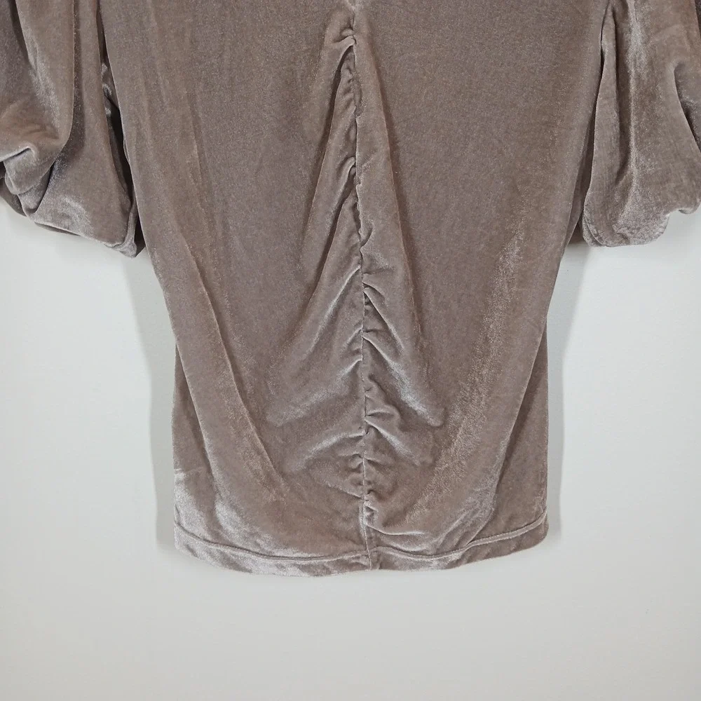 Free People Top Women's 0 Tan Velvet Ruched Puff Sleeve Stretch